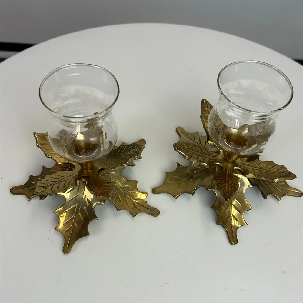 Two Solid Brass Holly Leaves Candle Holders With Glass Globes Vintage